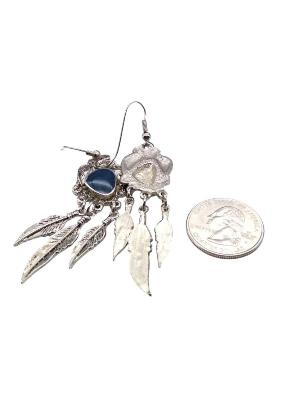 Vintage Starry Sky Stone and Feathers Earrings, Dangle Cabochon Blue Sandstone - Picture 5 of 5